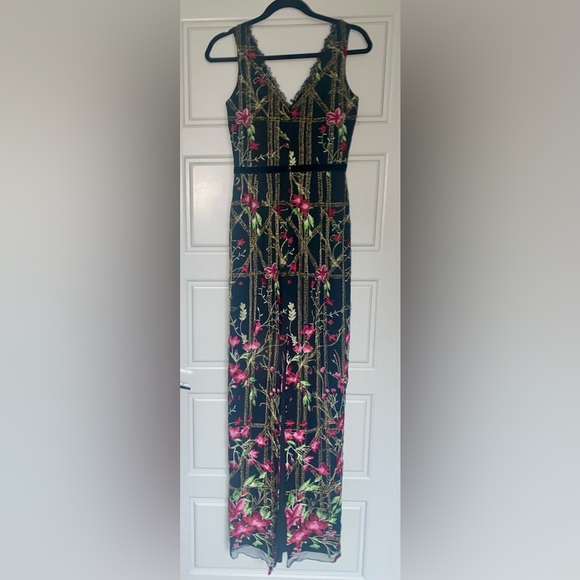 NWT MARCHESA NOTTE Black Floral Embroidered Beaded Velvet Bow Long Dress Gown 0 - Picture 9 of 14